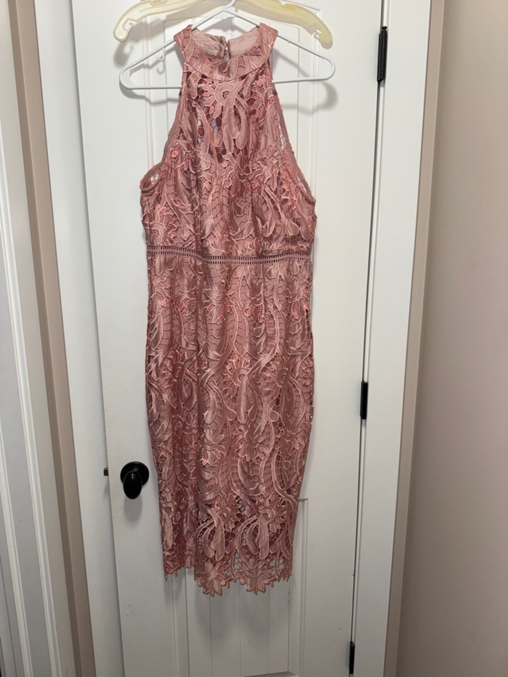 Bardot High Neck Sleeveless Rose Pink Lace Midi Dress